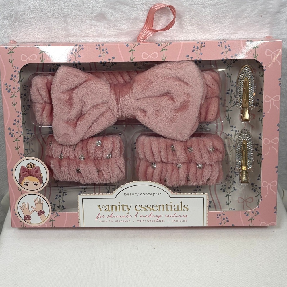 Beauty Concepts Vanity Essentials Pink Spa Headband Wristbands Hair Clips Set